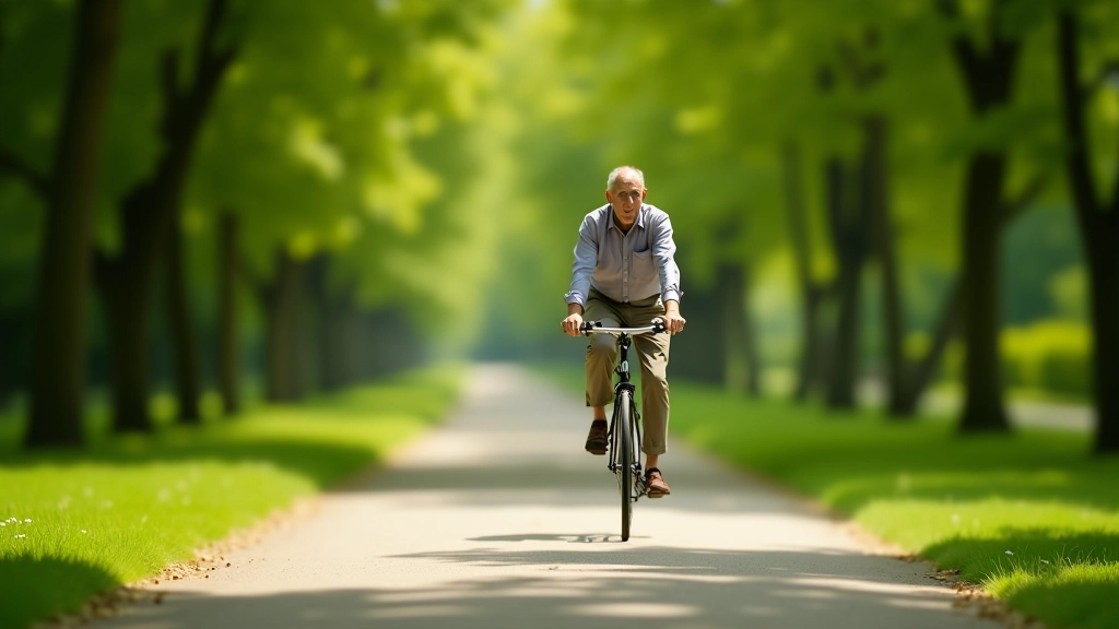 Senjoras dviračiu važiuoja per žalią parką